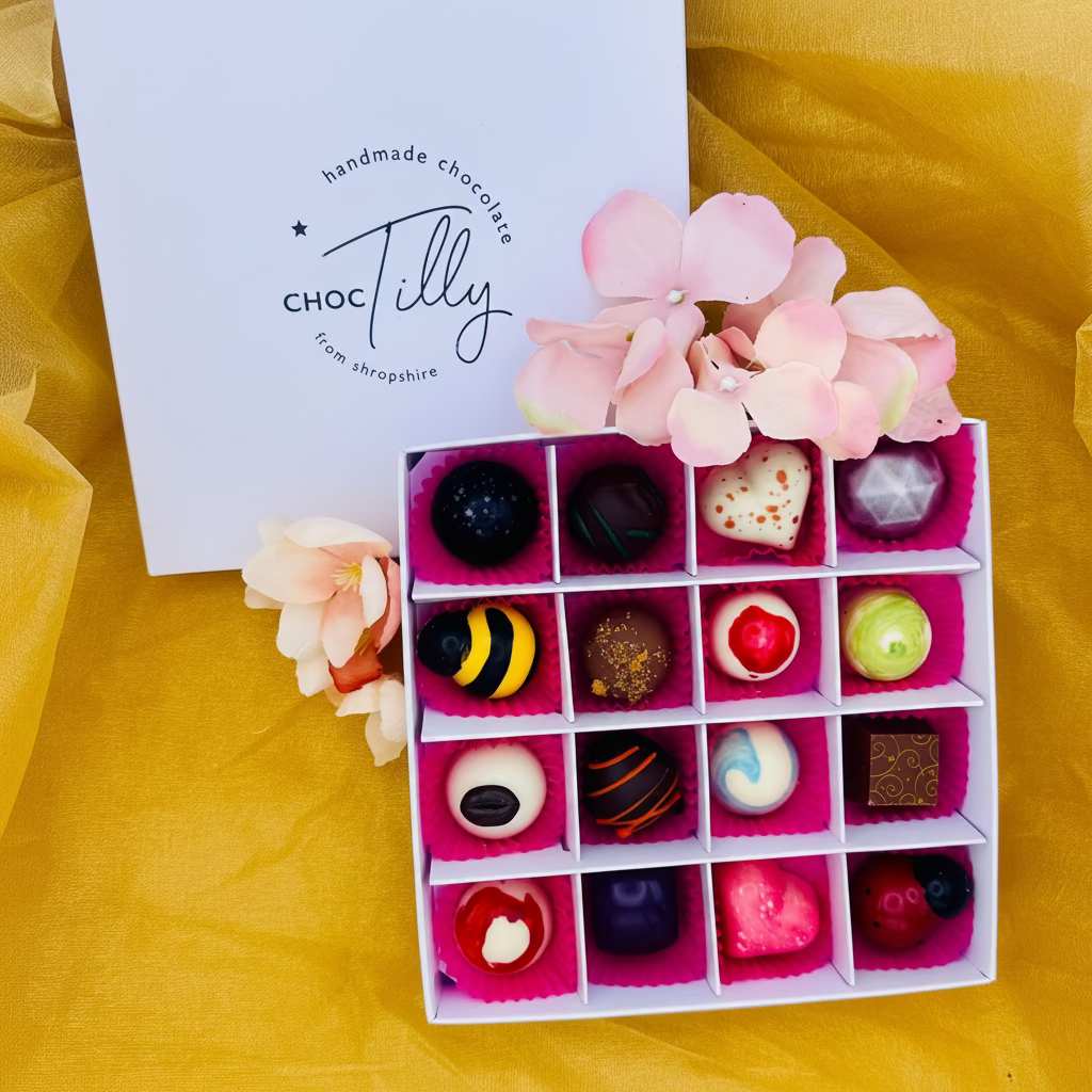 Box of 16 handcrafted chocolate bonbons made in Shropshire in gift packaging