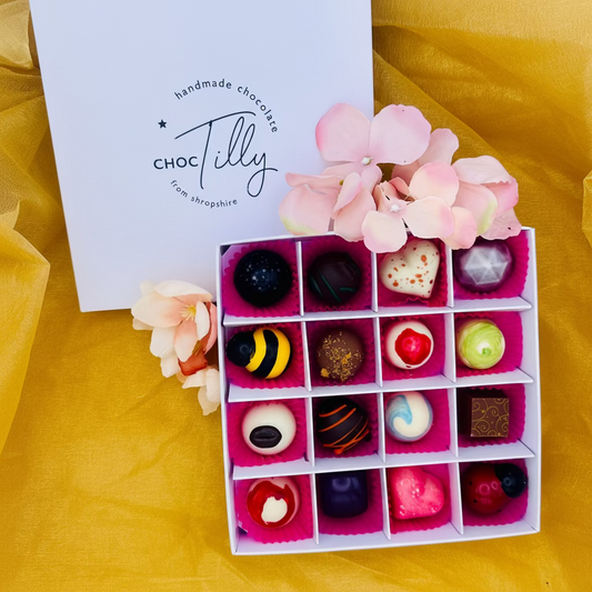 Box of 16 handcrafted chocolate bonbons made in Shropshire in gift packaging