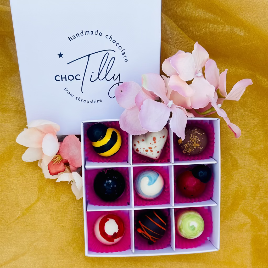 Box of 9 handcrafted chocolate bonbons made in Shropshire in gift packaging